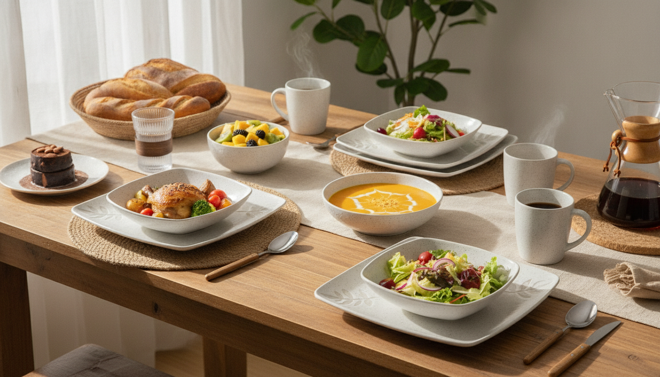 White Square Stoneware Dinnerware Set (16-Piece) Leaf